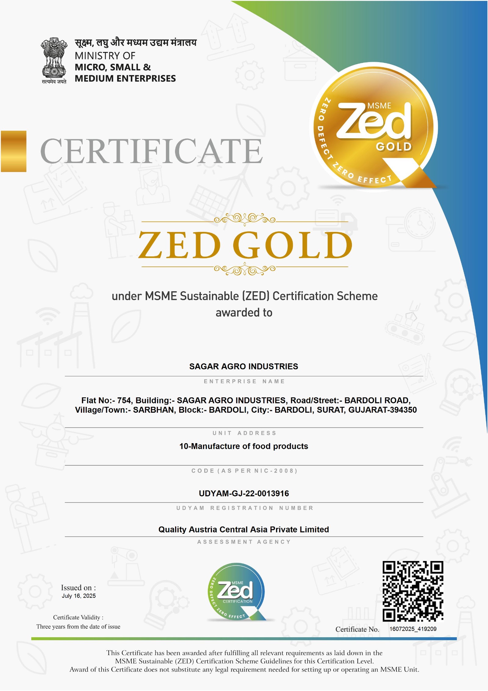 ZED Gold Certificate awarded to Sagar Agro Industries under the MSME Sustainable (ZED) Certification Scheme