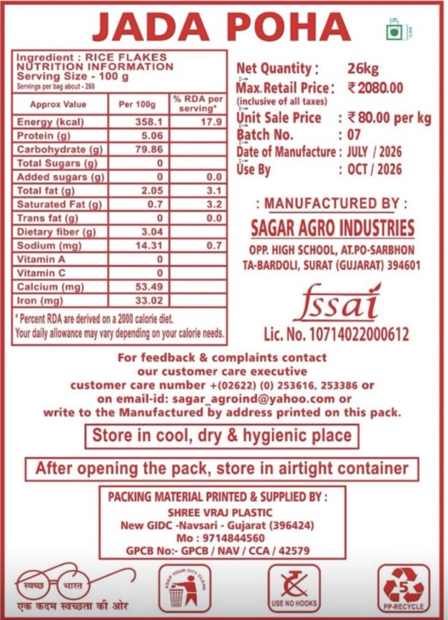 Sagar Agro Industries Jada Poha nutrition label