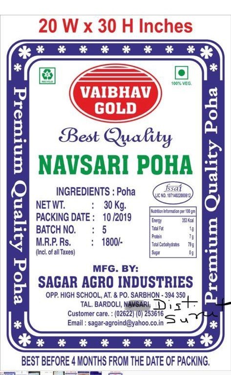 Vaibhav Gold Navsari Poha, 30 kg wholesale packaging label